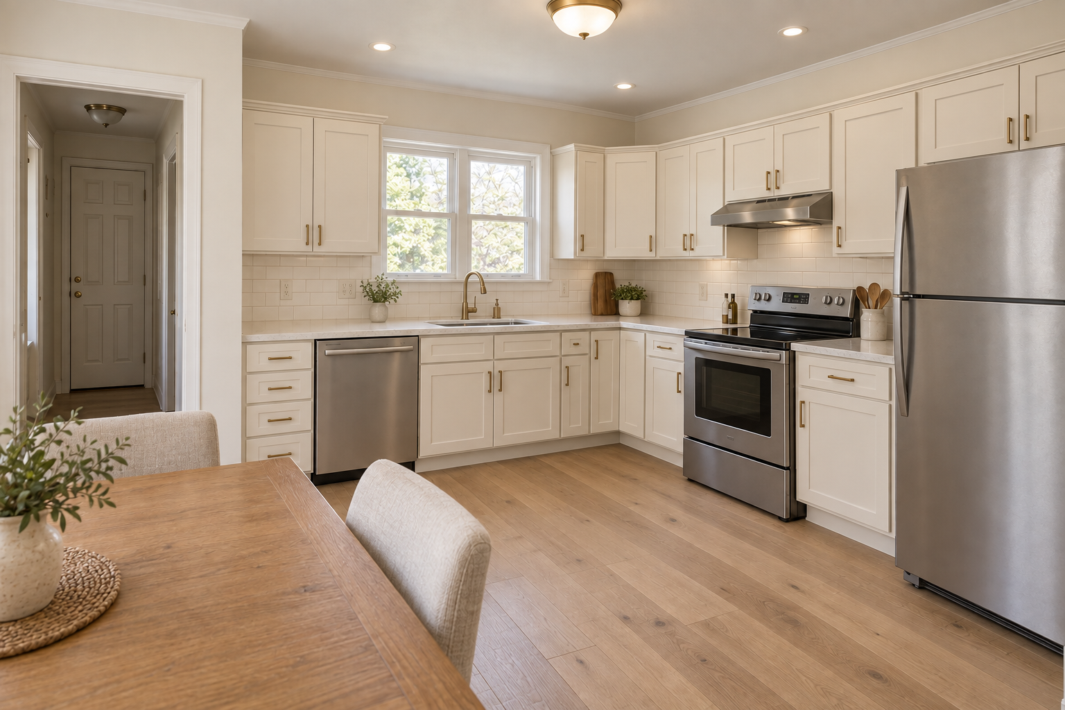 Illustrative renovation of the same kitchen, with white shaker cabinets, quartz counters, oak flooring and updated lighting