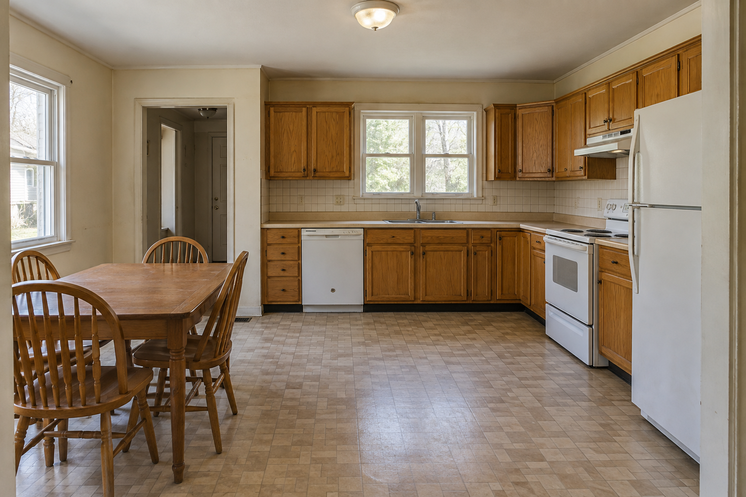 Illustrative kitchen before renovation, with worn oak cabinets, dated vinyl flooring and older appliances