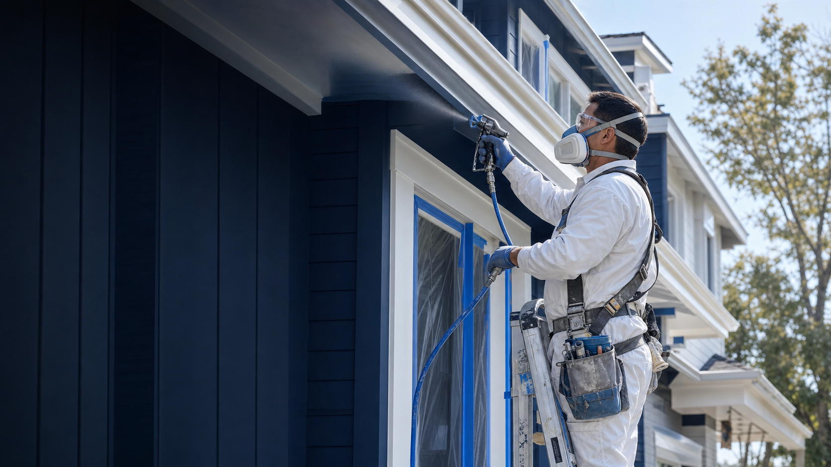 Residential painting professional using a spray gun, respirator, safety glasses and a tool belt